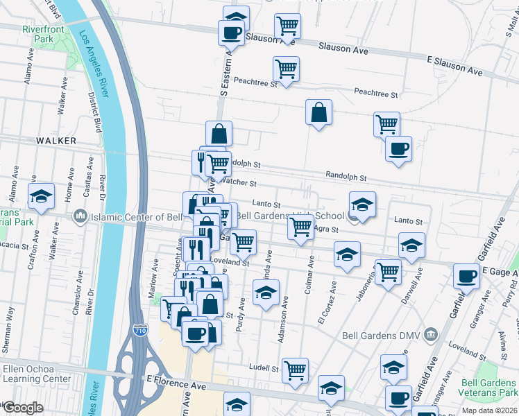 map of restaurants, bars, coffee shops, grocery stores, and more near 5852 Lanto Street in Bell Gardens