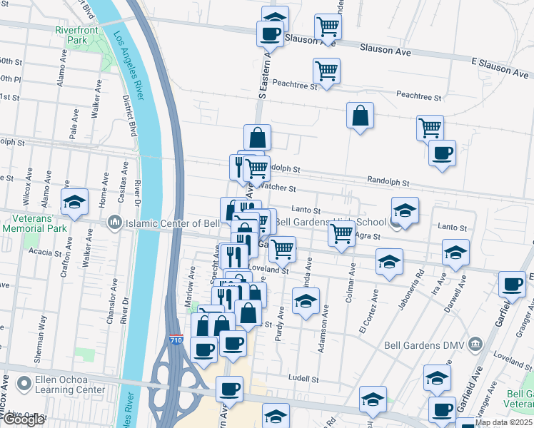map of restaurants, bars, coffee shops, grocery stores, and more near 6329 Ajax Avenue in Bell Gardens