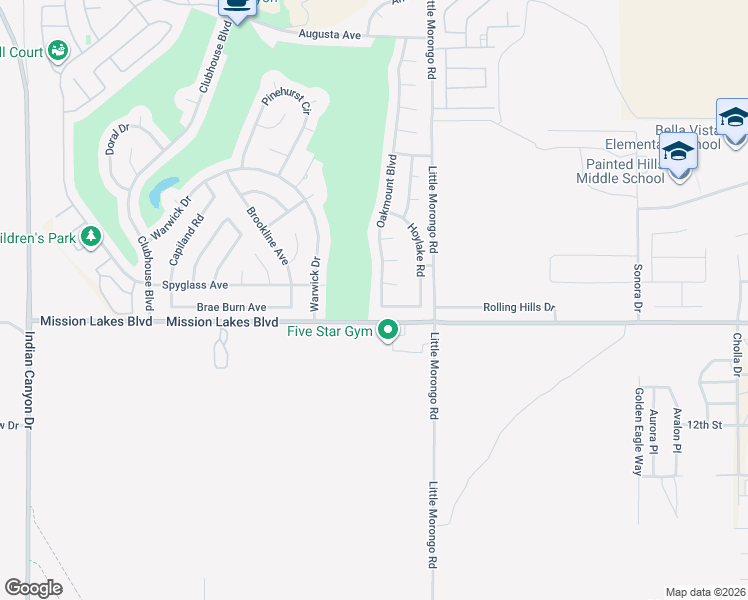 map of restaurants, bars, coffee shops, grocery stores, and more near 9861 Oakmount Boulevard in Desert Hot Springs