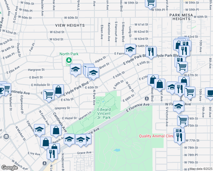 map of restaurants, bars, coffee shops, grocery stores, and more near 924 North Chester Avenue in Inglewood