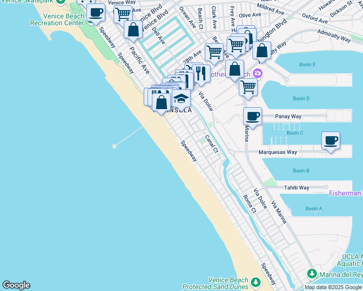 map of restaurants, bars, coffee shops, grocery stores, and more near 3501 Ocean Front Walk in Marina del Rey