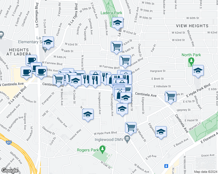 map of restaurants, bars, coffee shops, grocery stores, and more near 1206 Centinela Avenue in Inglewood