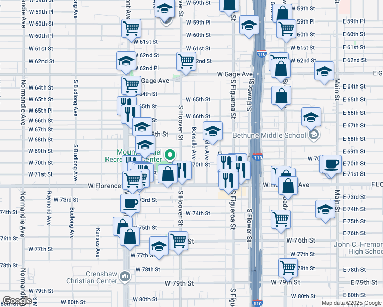 map of restaurants, bars, coffee shops, grocery stores, and more near 6915 Bonsallo Avenue in Los Angeles