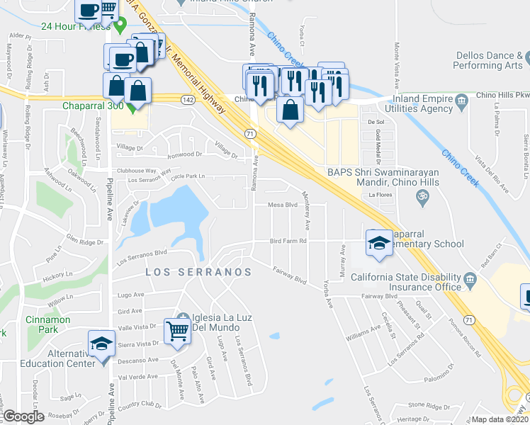 map of restaurants, bars, coffee shops, grocery stores, and more near 15224 Mariposa Avenue in Chino Hills