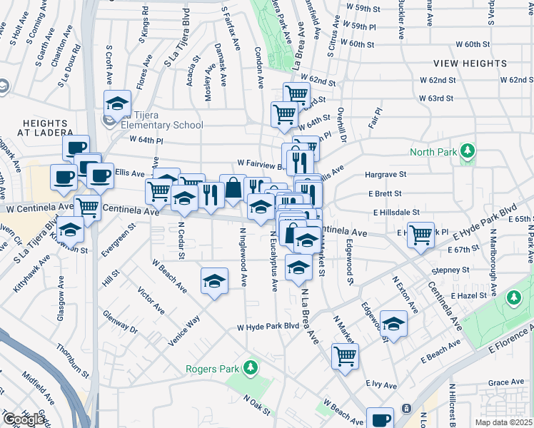 map of restaurants, bars, coffee shops, grocery stores, and more near 1206 Centinela Avenue in Inglewood