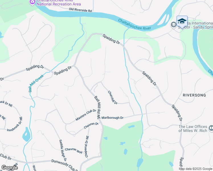 map of restaurants, bars, coffee shops, grocery stores, and more near 105 Churchill Drive in Atlanta