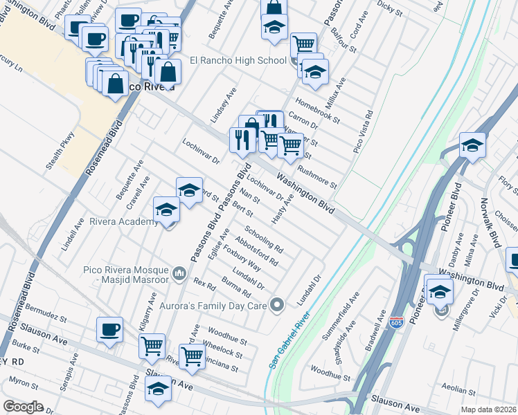 map of restaurants, bars, coffee shops, grocery stores, and more near 9512 Nan Street in Pico Rivera