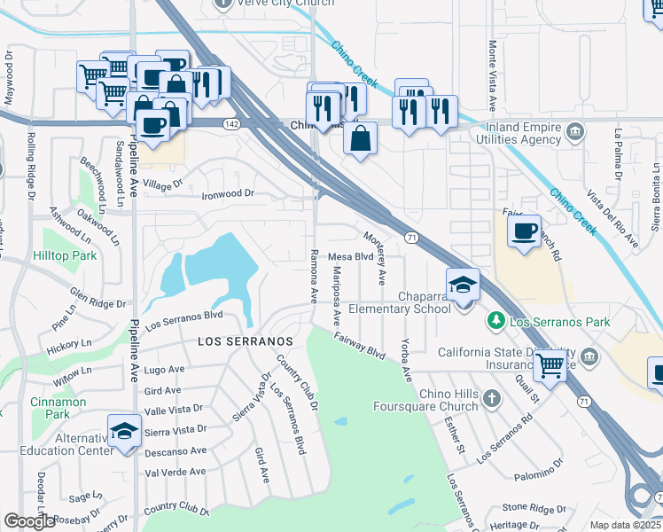 map of restaurants, bars, coffee shops, grocery stores, and more near 15224 Mariposa Avenue in Chino Hills