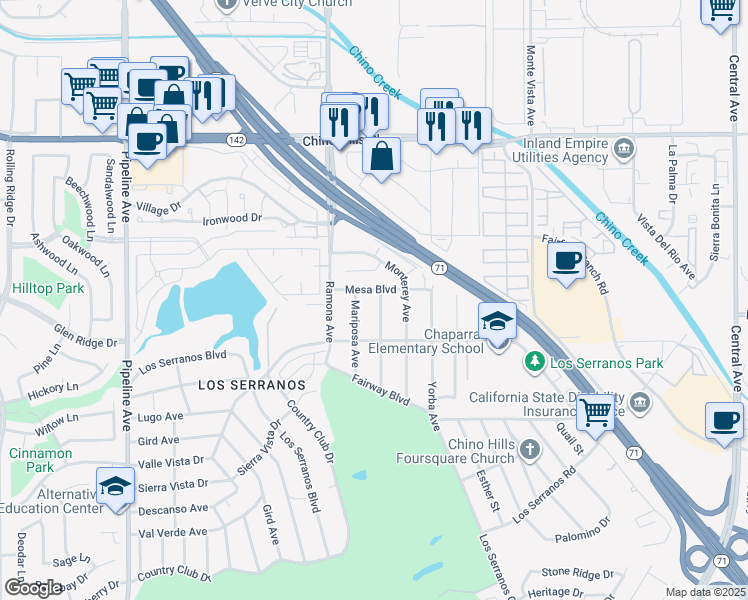 map of restaurants, bars, coffee shops, grocery stores, and more near 15218 Carmelita Avenue in Chino Hills