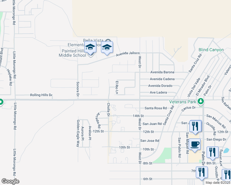 map of restaurants, bars, coffee shops, grocery stores, and more near 65800 Avenue Ladera in Desert Hot Springs