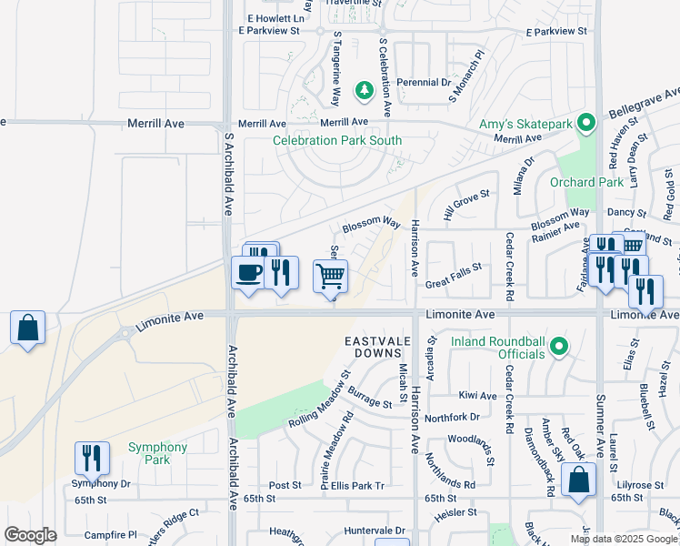 map of restaurants, bars, coffee shops, grocery stores, and more near 6014 Sendero Avenue in Eastvale