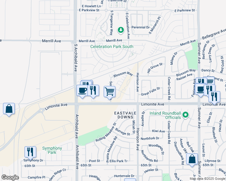 map of restaurants, bars, coffee shops, grocery stores, and more near 6014 Sendero Avenue in Eastvale
