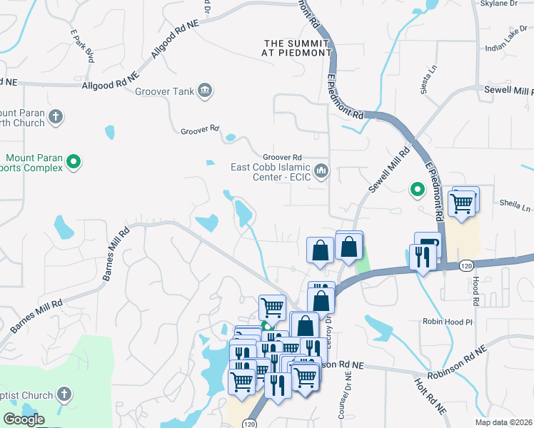 map of restaurants, bars, coffee shops, grocery stores, and more near 1020 Ven Villa Rd in Marietta