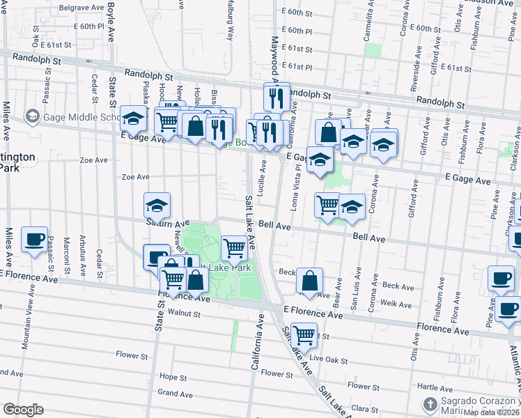 map of restaurants, bars, coffee shops, grocery stores, and more near 3510 Nevada Street in Bell
