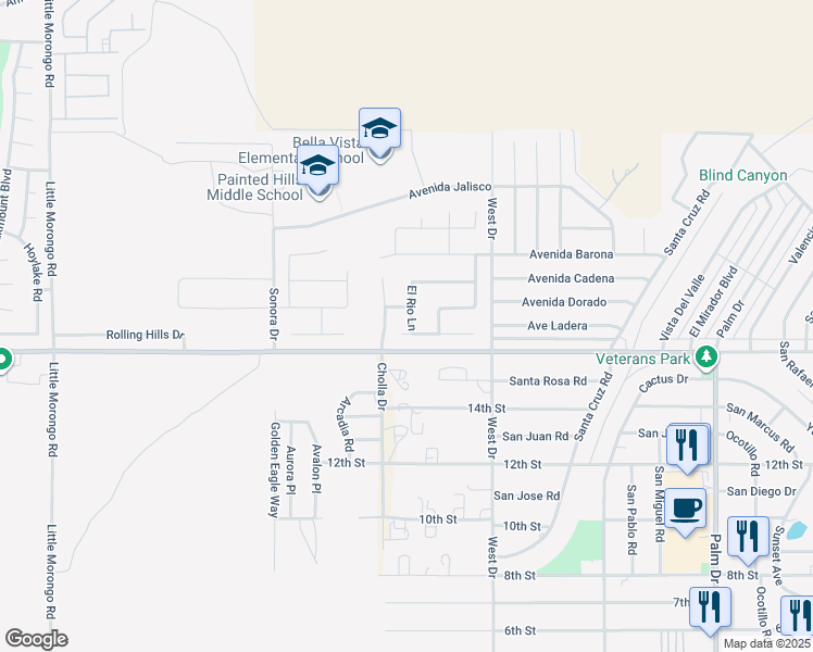 map of restaurants, bars, coffee shops, grocery stores, and more near 65800 Avenue Ladera in Desert Hot Springs