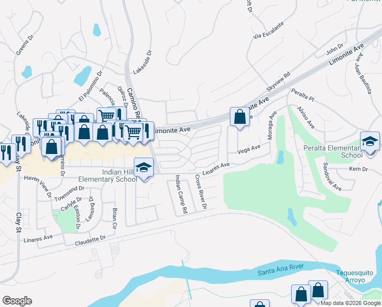 map of restaurants, bars, coffee shops, grocery stores, and more near 6130 Camino Real in Riverside