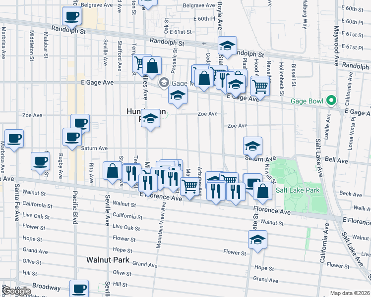 map of restaurants, bars, coffee shops, grocery stores, and more near 3016 Saturn Avenue in Huntington Park