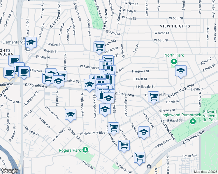 map of restaurants, bars, coffee shops, grocery stores, and more near in Inglewood