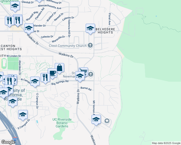 map of restaurants, bars, coffee shops, grocery stores, and more near 195 West Big Springs Road in Riverside