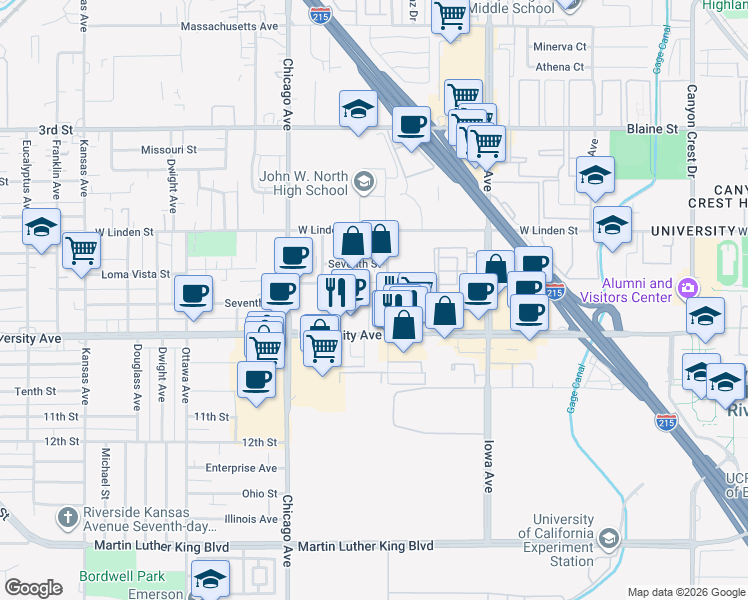 map of restaurants, bars, coffee shops, grocery stores, and more near 1555 University Avenue in Riverside