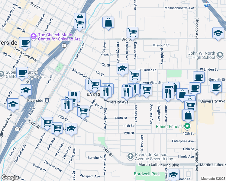 map of restaurants, bars, coffee shops, grocery stores, and more near 3746 Comer Avenue in Riverside