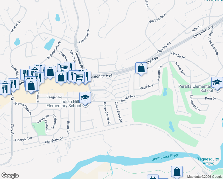 map of restaurants, bars, coffee shops, grocery stores, and more near 6130 Camino Real in Jurupa Valley