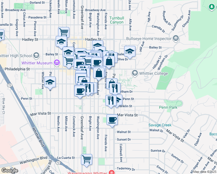 map of restaurants, bars, coffee shops, grocery stores, and more near 7218 1/2 Friends Avenue in Whittier