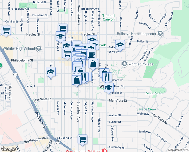map of restaurants, bars, coffee shops, grocery stores, and more near 7223 Washington Avenue in Whittier