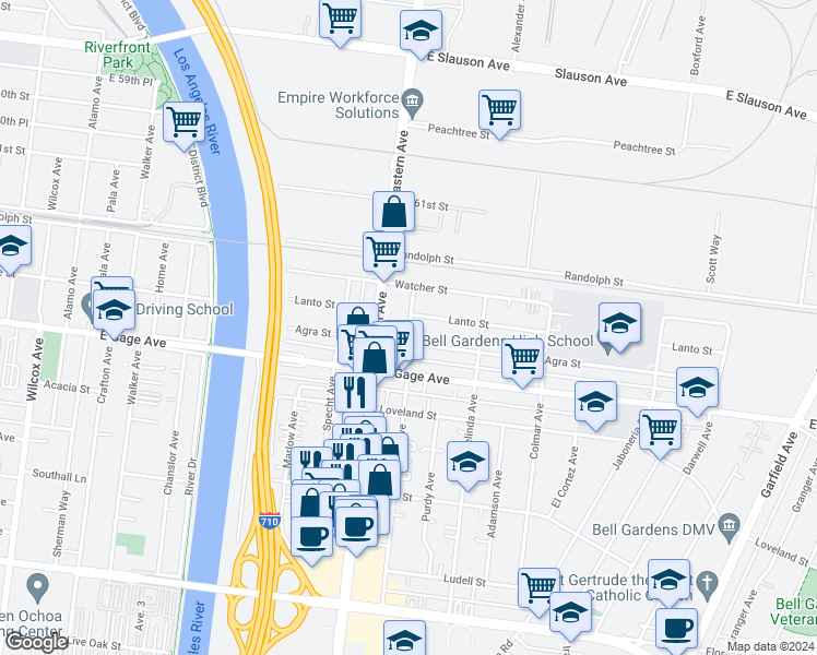 map of restaurants, bars, coffee shops, grocery stores, and more near 6329 Ajax Avenue in Bell Gardens