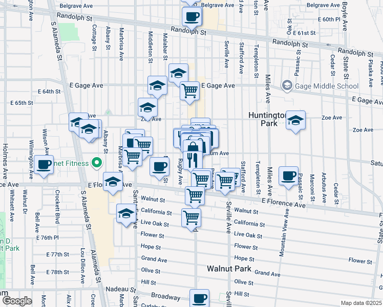 map of restaurants, bars, coffee shops, grocery stores, and more near 6913 Pacific Boulevard in Huntington Park