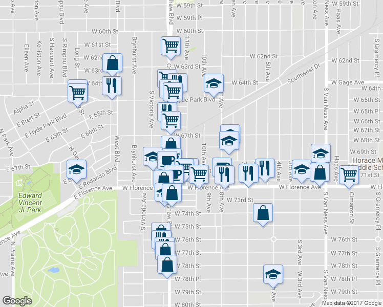map of restaurants, bars, coffee shops, grocery stores, and more near 6812 11th Avenue in Los Angeles