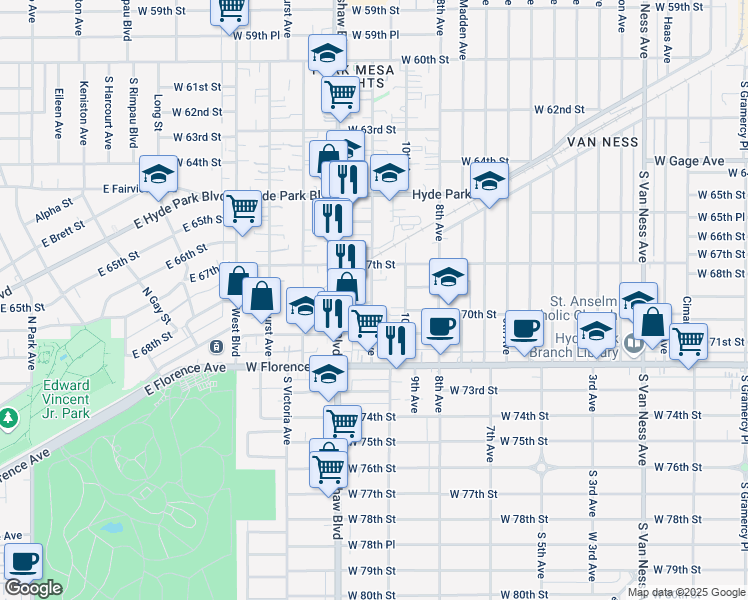 map of restaurants, bars, coffee shops, grocery stores, and more near 6812 11th Avenue in Los Angeles