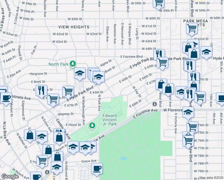 map of restaurants, bars, coffee shops, grocery stores, and more near 919 North Chester Avenue in Inglewood