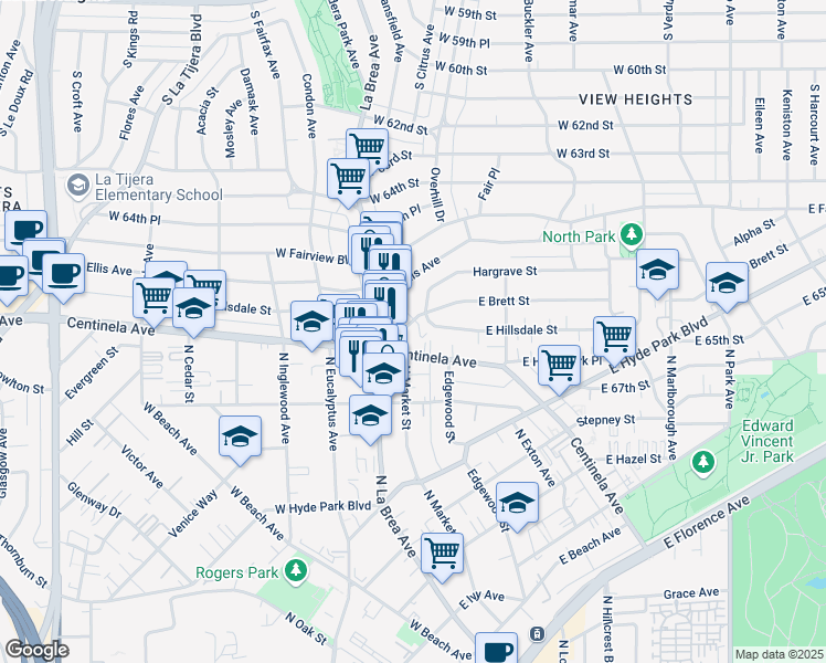 map of restaurants, bars, coffee shops, grocery stores, and more near 928 Centinela Avenue in Inglewood