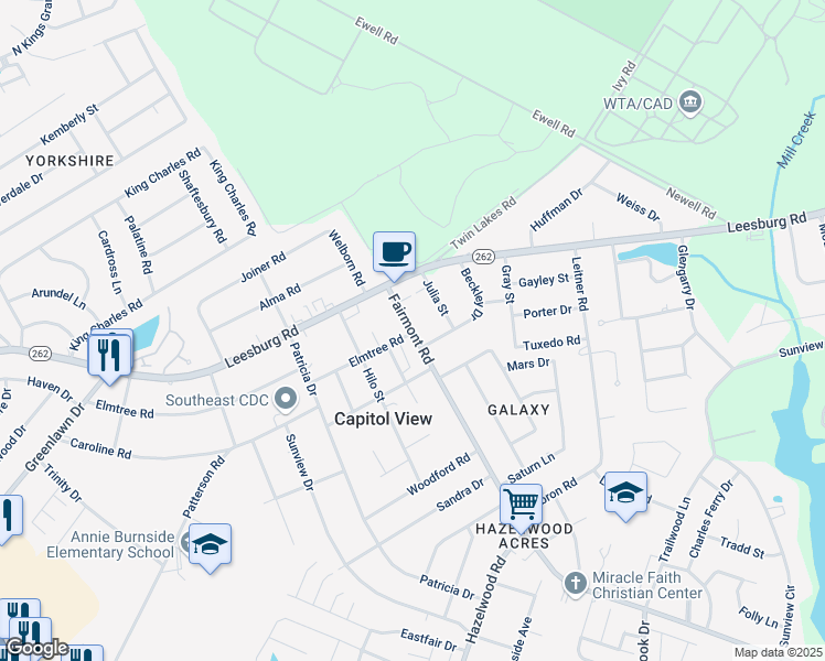 map of restaurants, bars, coffee shops, grocery stores, and more near 7050 Fairmont Road in Columbia