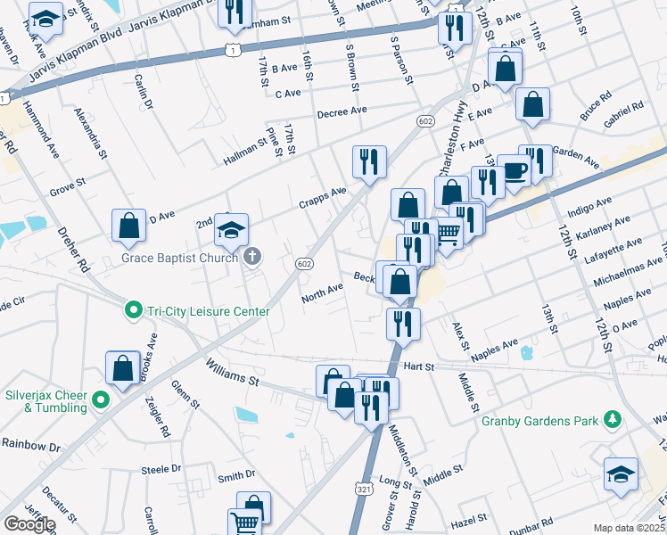 map of restaurants, bars, coffee shops, grocery stores, and more near 528 Wessinger Street in West Columbia