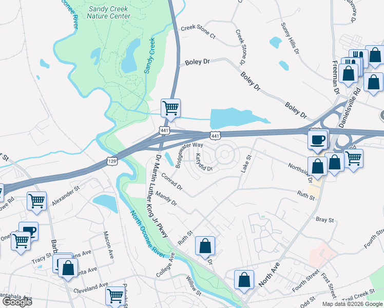 map of restaurants, bars, coffee shops, grocery stores, and more near 143 Fern Ridge Court in Athens