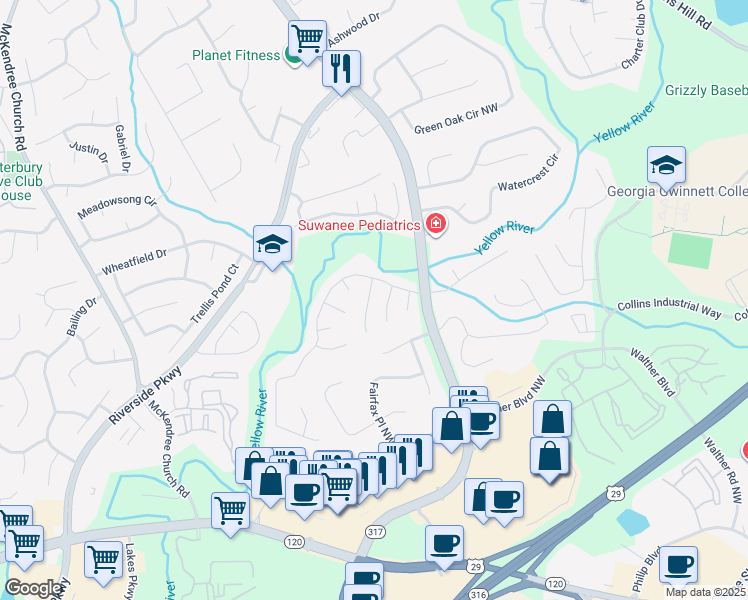 map of restaurants, bars, coffee shops, grocery stores, and more near 1065 Chandler Park Court Northwest in Lawrenceville