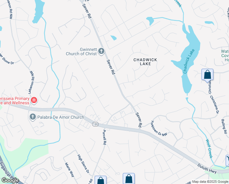 map of restaurants, bars, coffee shops, grocery stores, and more near 1552 Sever Road in Lawrenceville