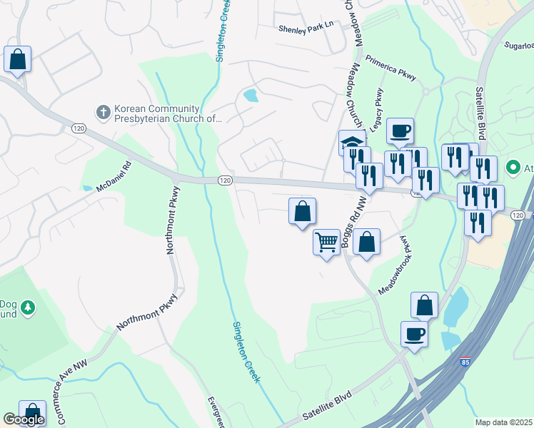 map of restaurants, bars, coffee shops, grocery stores, and more near 2656 Staunton Lane in Duluth