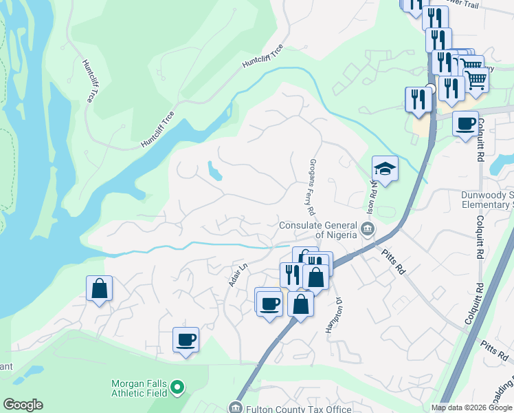 map of restaurants, bars, coffee shops, grocery stores, and more near 5710 Spring Creek Lane in Sandy Springs