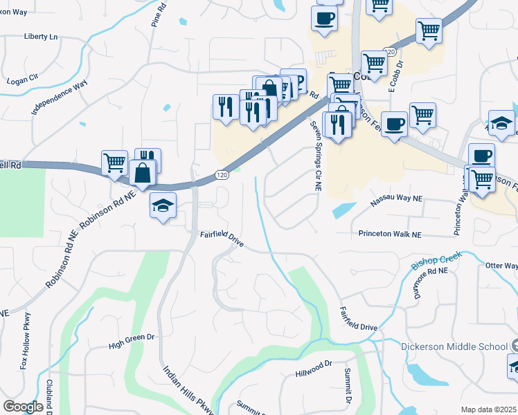 map of restaurants, bars, coffee shops, grocery stores, and more near 1100 Fielding Way in Marietta