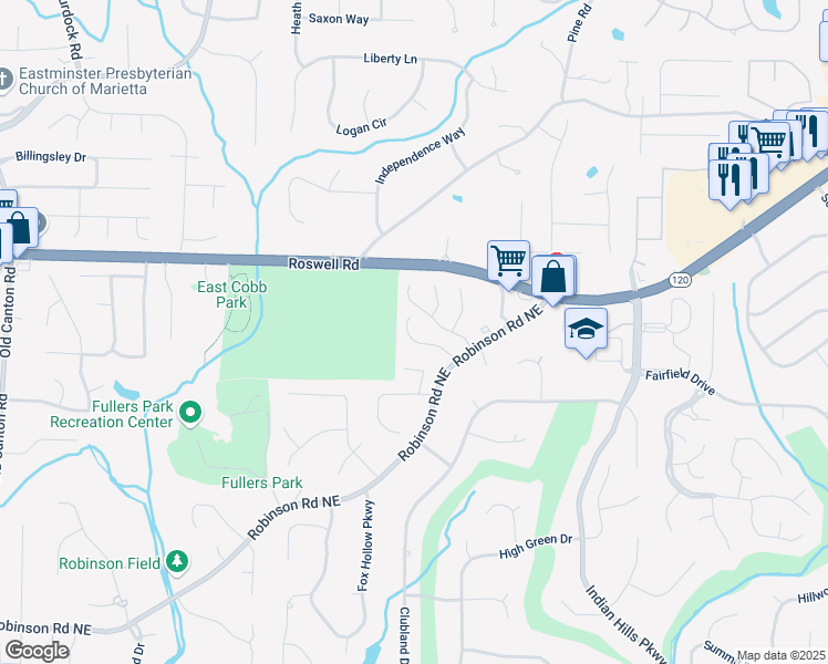 map of restaurants, bars, coffee shops, grocery stores, and more near 3615 Wyntering Trail in Marietta