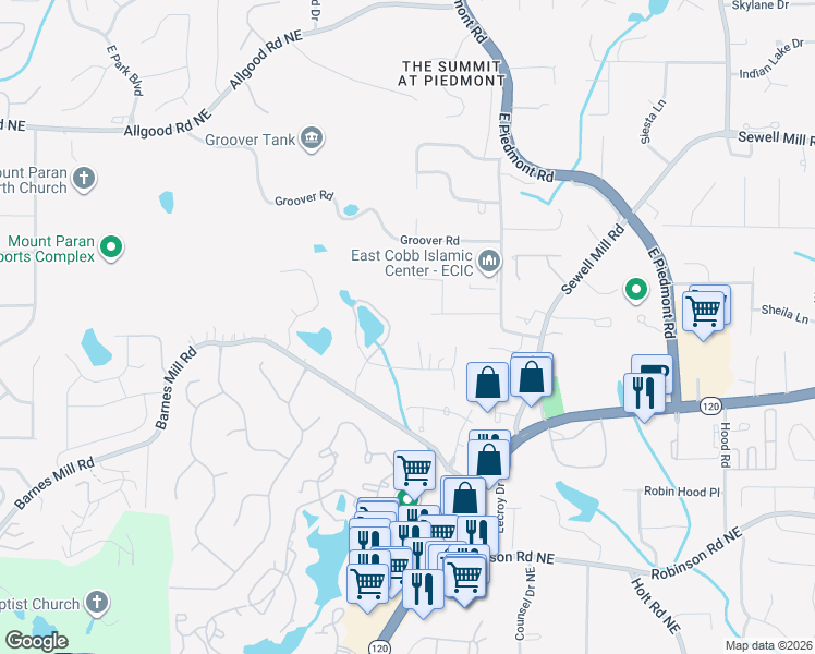 map of restaurants, bars, coffee shops, grocery stores, and more near 1020 Ven Villa Road in Marietta