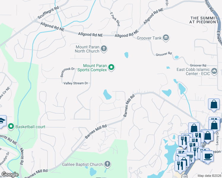map of restaurants, bars, coffee shops, grocery stores, and more near 1751 Millview Drive Northeast in Marietta