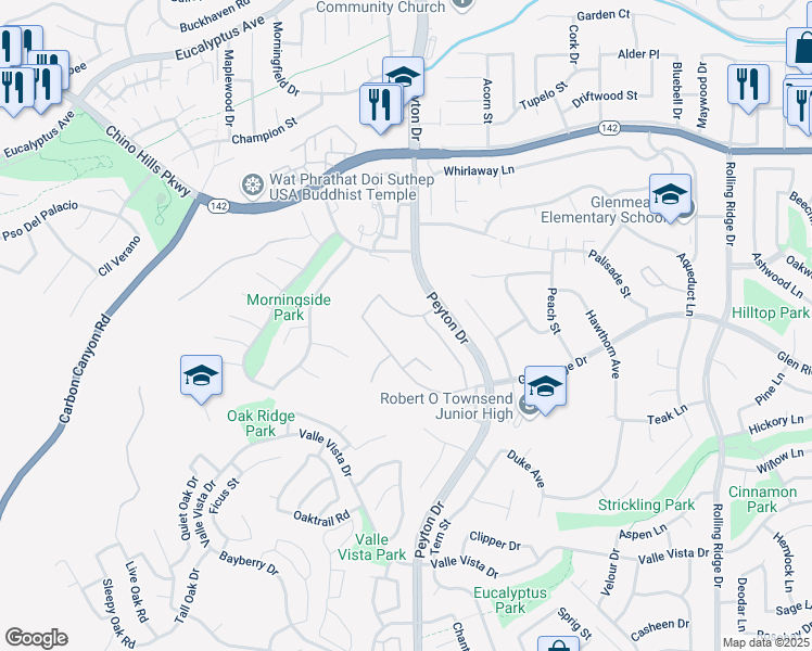 map of restaurants, bars, coffee shops, grocery stores, and more near 3277 Carriage House Drive in Chino Hills