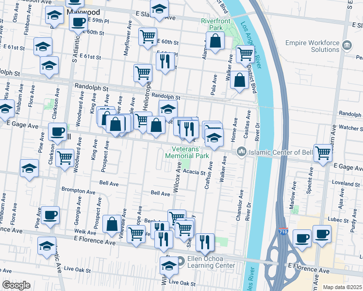map of restaurants, bars, coffee shops, grocery stores, and more near Gage Ave & Wilcox Ave in Bell