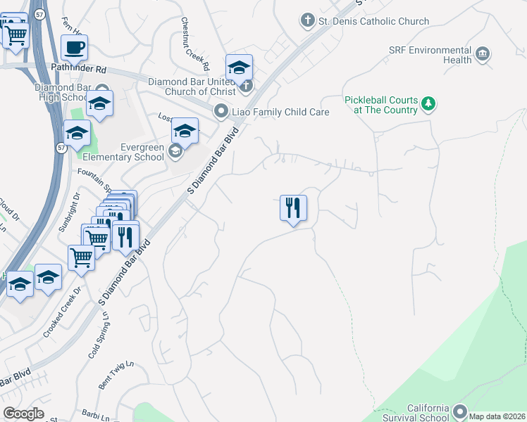 map of restaurants, bars, coffee shops, grocery stores, and more near 22104 Rim Fire Lane in Diamond Bar