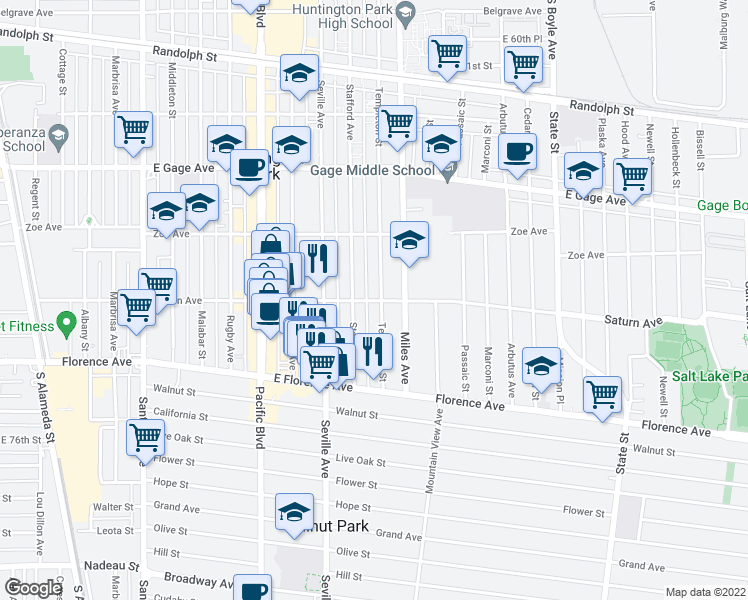 map of restaurants, bars, coffee shops, grocery stores, and more near 2777 Saturn Avenue in Huntington Park