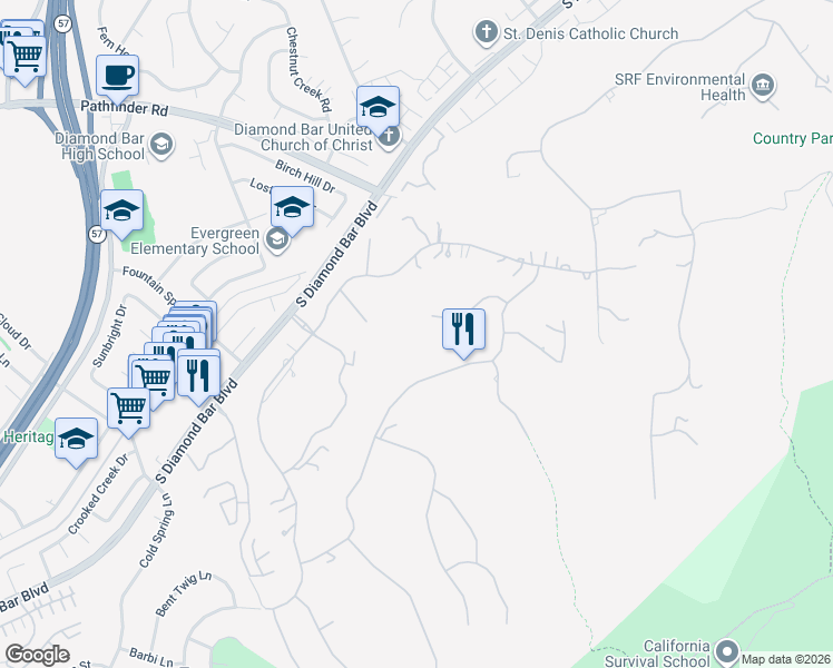 map of restaurants, bars, coffee shops, grocery stores, and more near 22104 Rim Fire Lane in Diamond Bar